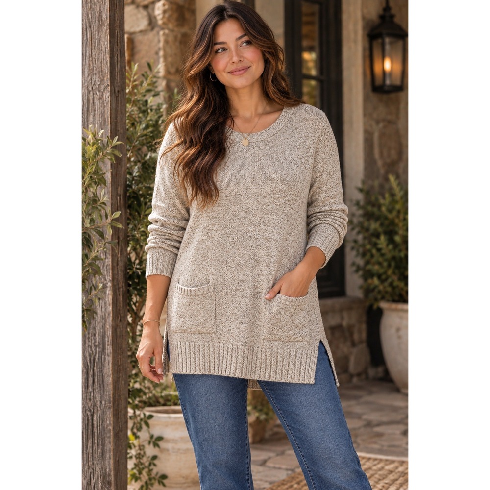 J. Jill Marled Tunic Sweater Tan Cream Knit Pockets Medium